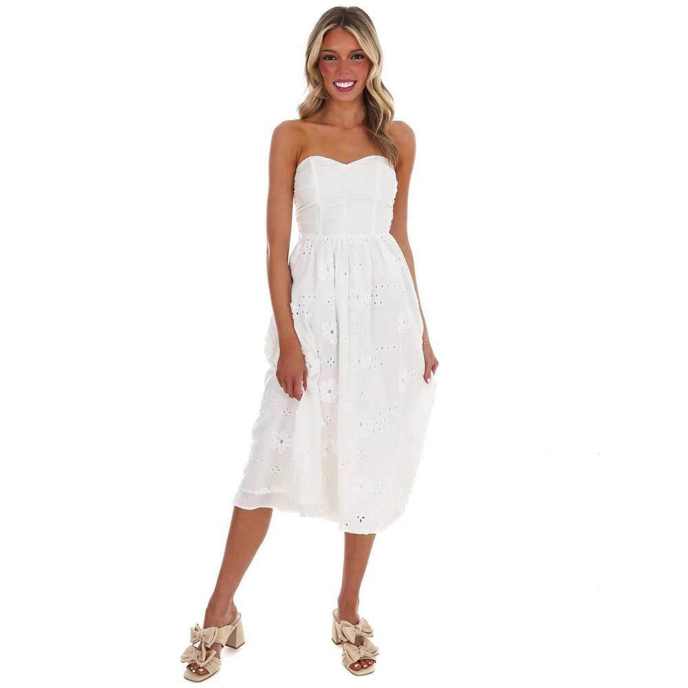 NEW BABY PINK where is the love strapless midi dress in white